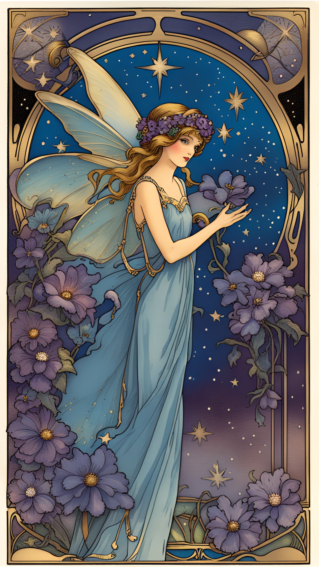 art nouveau starlight fairy, stars and flowers. tones of blue, purple. accents of shiny 24k gold. vintage postcard. preview