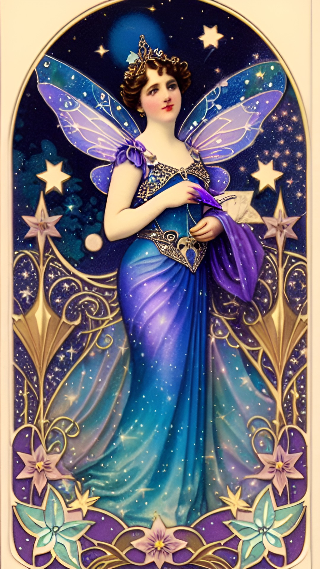 art nouveau starlight fairy, stars and flowers. tones of blue, purple. accents of shiny 24k gold. vintage postcard. preview