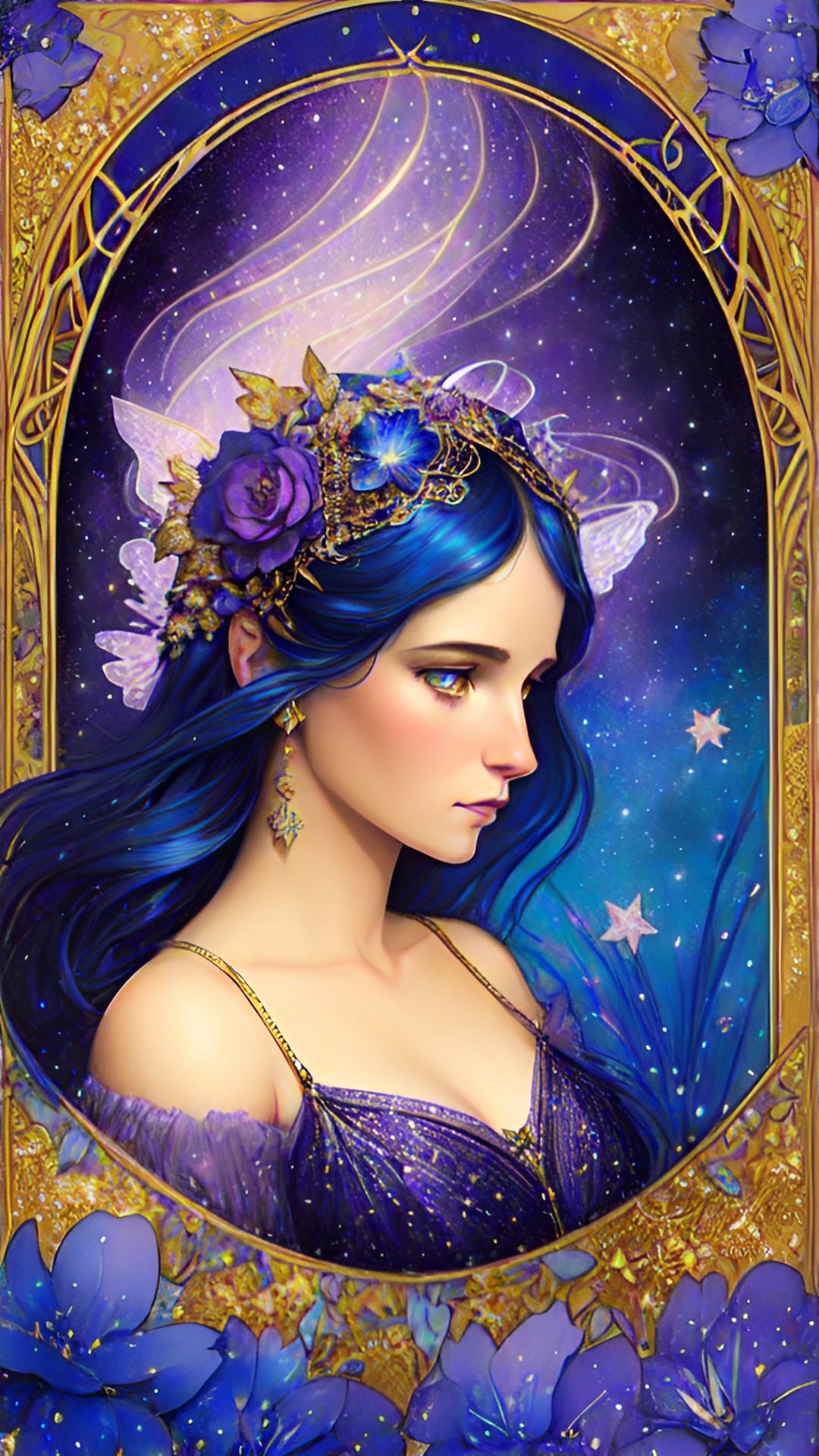 art nouveau starlight fairy, stars and flowers. tones of blue, purple. accents of shiny 24k gold. vintage postcard. preview