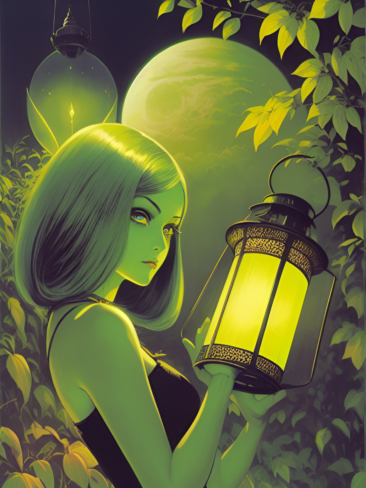 woman flying  yellow hair and green large eyes soft skin holding a lantern preview