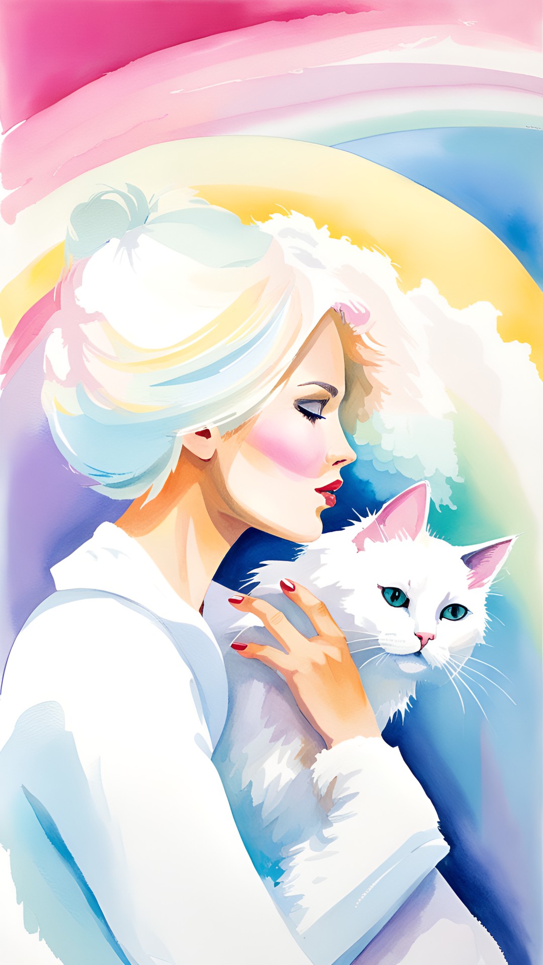 blonde woman kissing white fluffy cat by a rainbow preview