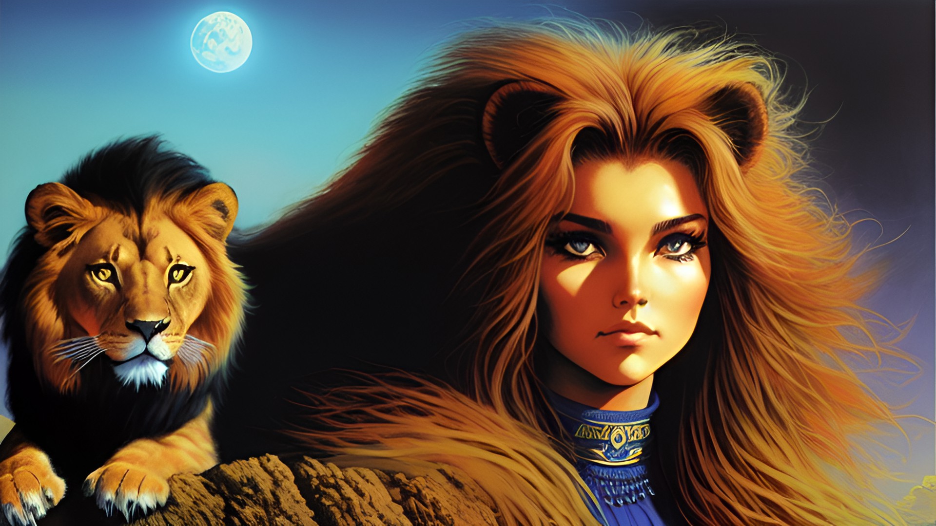 lion haired woman with lion eyes cat face preview