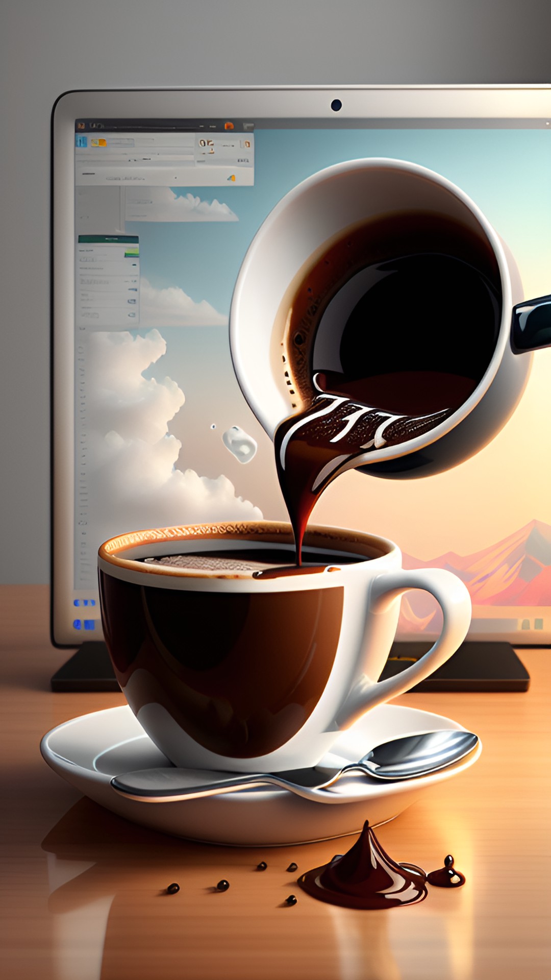 Infinite Refills - cup of coffee on a computer screen spilling out of the screen preview