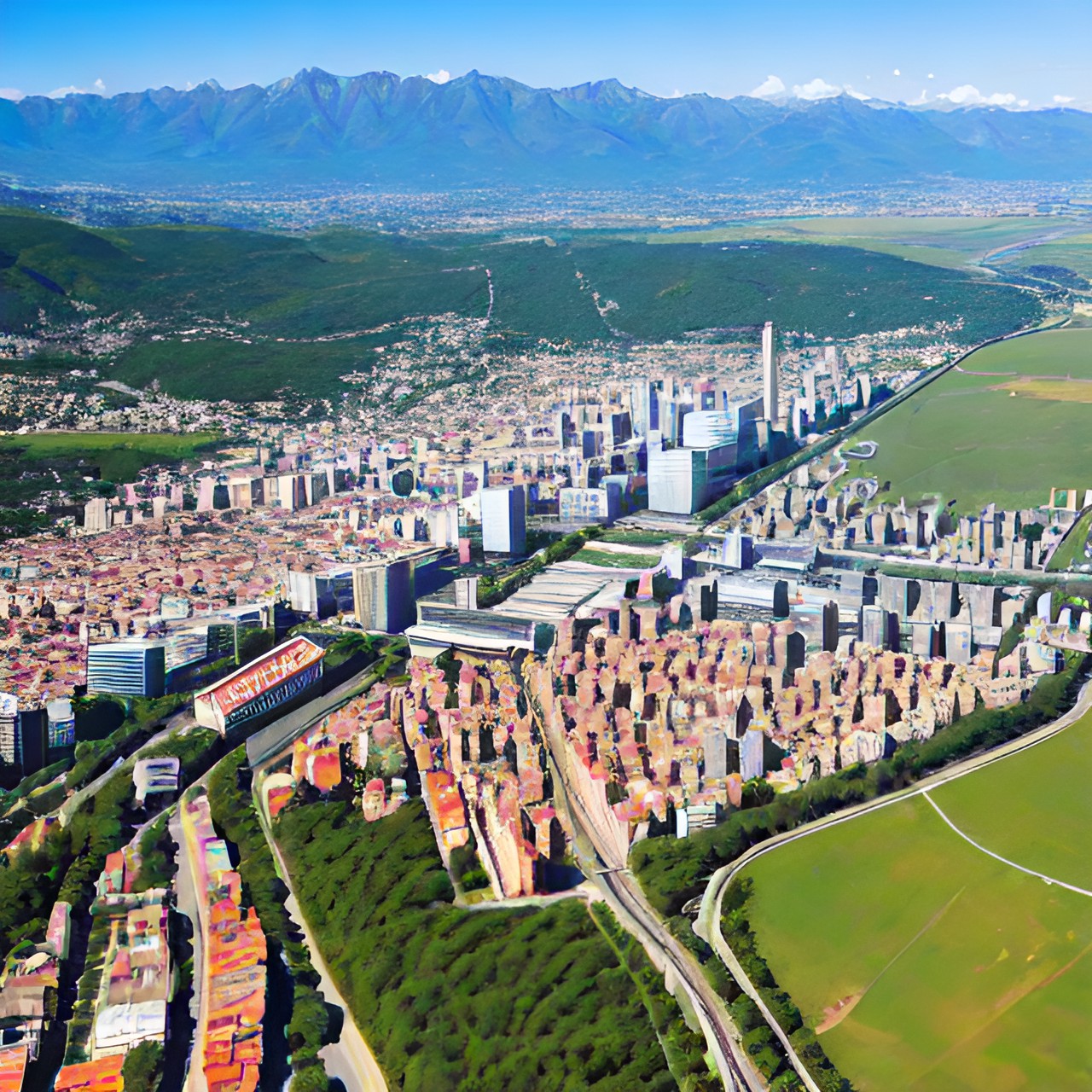 city ​​built at the foot of the mountain, road connecting historical district to modern part of the city, aerial view with monuments and modern buildings preview