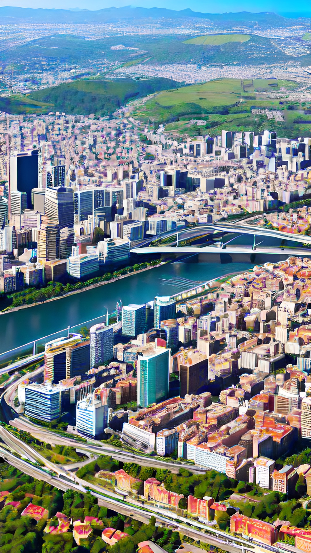 city built at the foot of the hills, boulevard connecting historical district to modern part of the city, aerial view with monuments and modern buildings preview