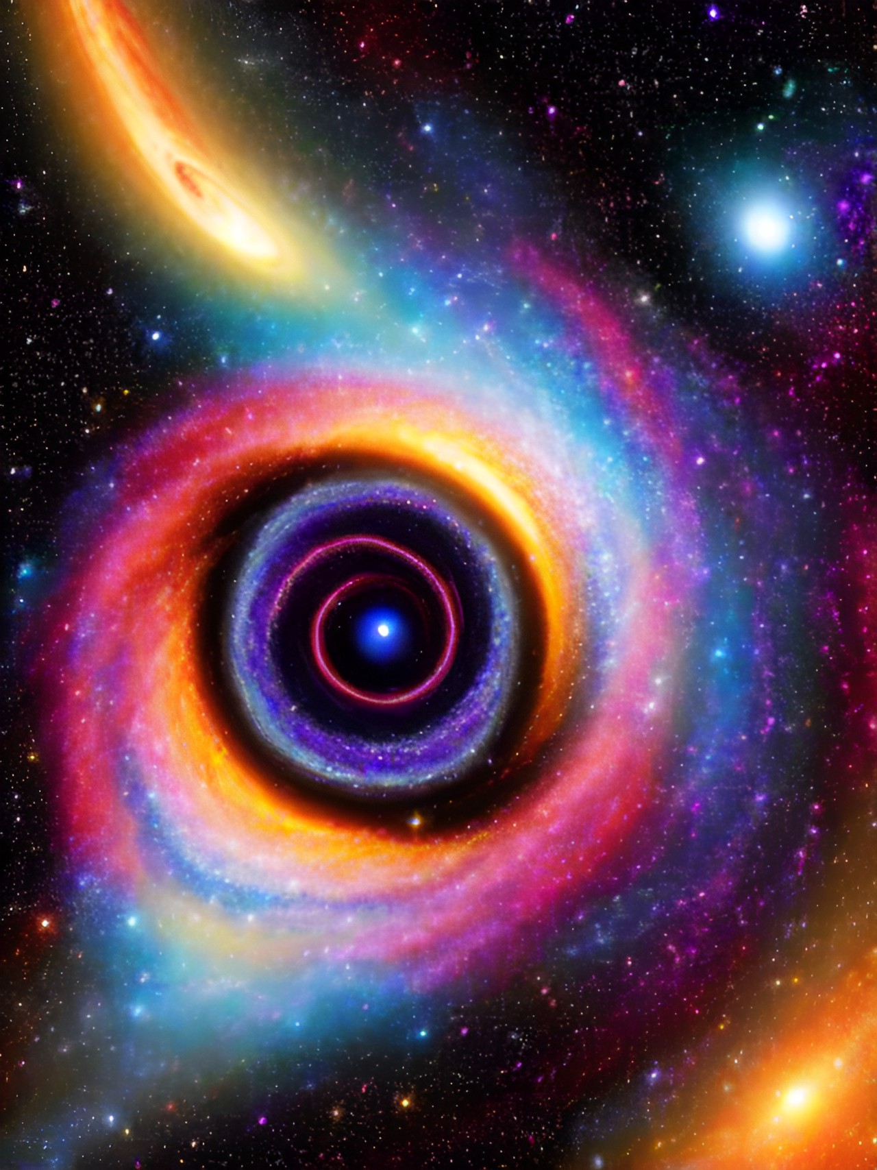 black hole,accretion disc,gravitational lensing effect,swirling,gas,dust,starry,lisa frank preview