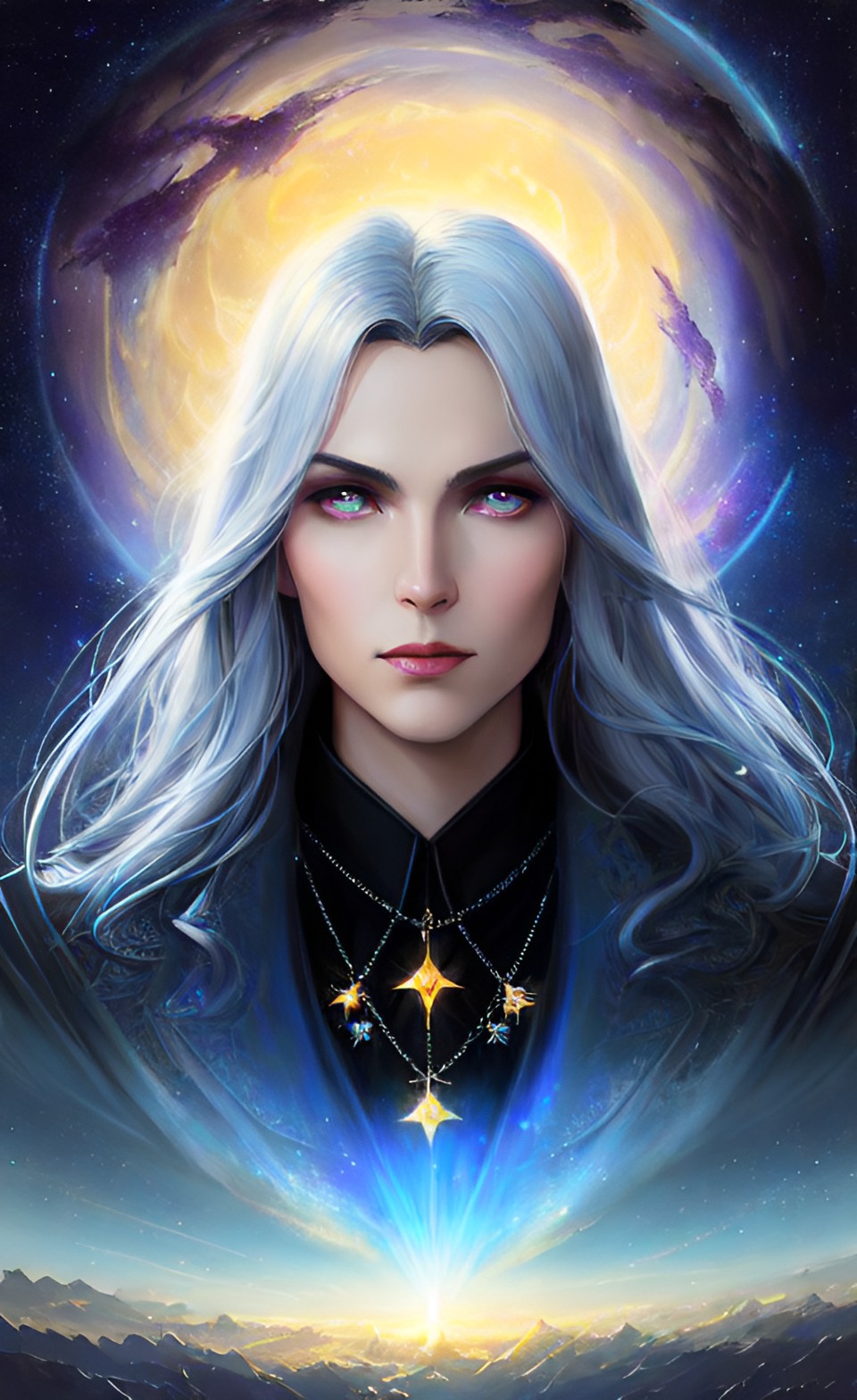 portrait of a light vampire with a dreamy expression like the poet of the silver age. night, stars. style of stefan koidl. super-resolution, intricately-detailed, 4d, 32k, full-hd, artificial lighting preview