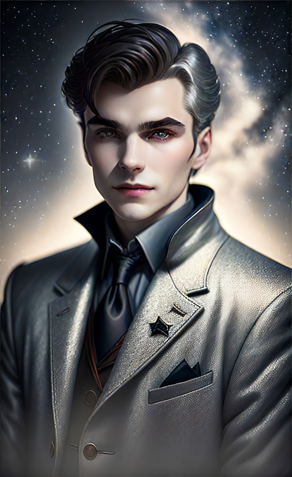 portrait of a light vampire with a dreamy expression like the poet of the silver age. night, stars. style of stefan koidl. super-resolution, intricately-detailed, 4d, 32k, full-hd, artificial lighting preview