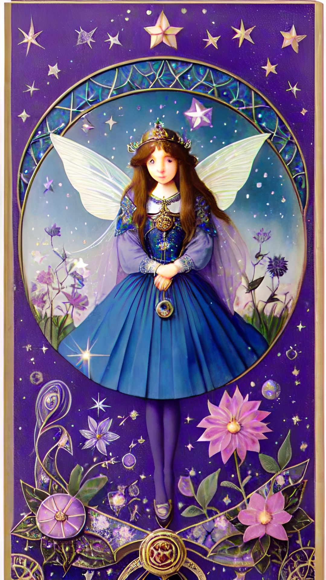 art nouveau starlight fairy, stars and flowers. tones of blue, purple. accents of shiny 24k gold. vintage postcard. preview