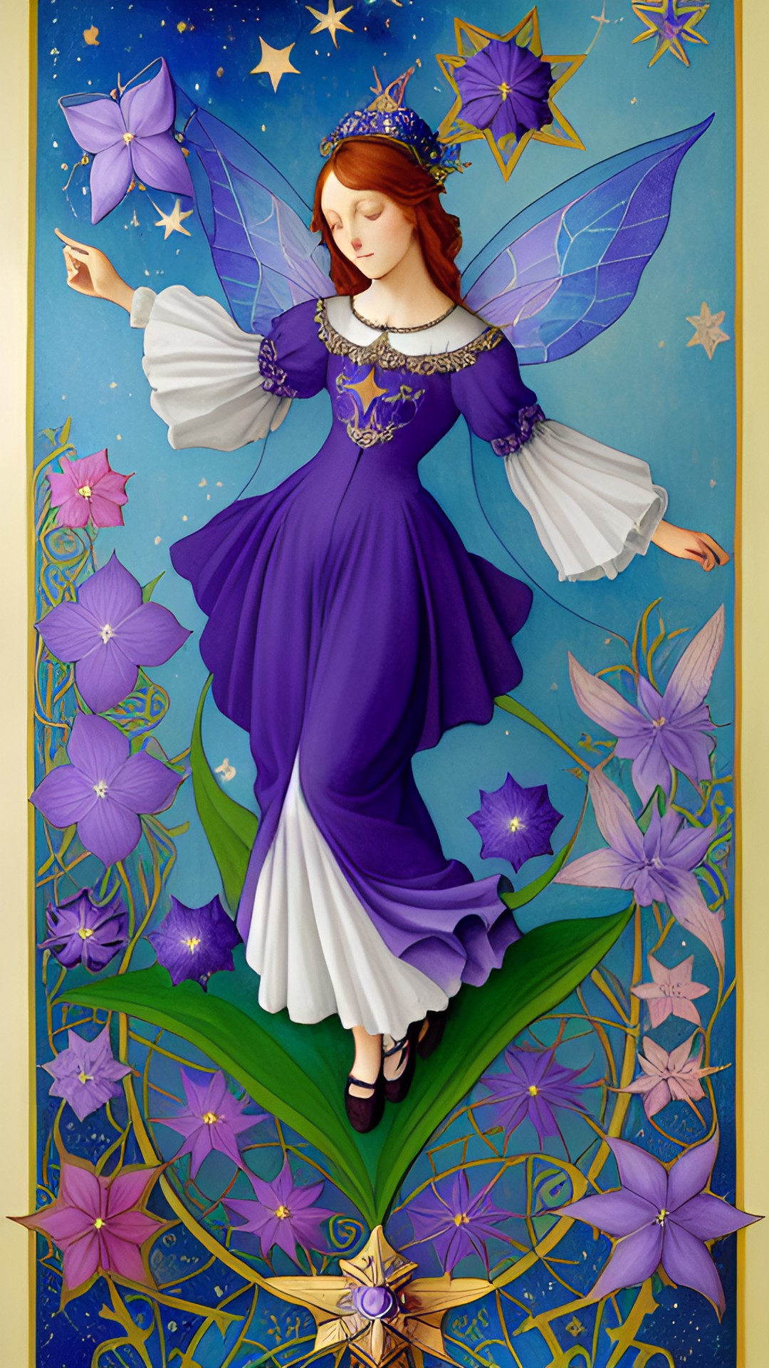 art nouveau starlight fairy, stars and flowers. tones of blue, purple, and gold. high quality print on cotton paper. preview