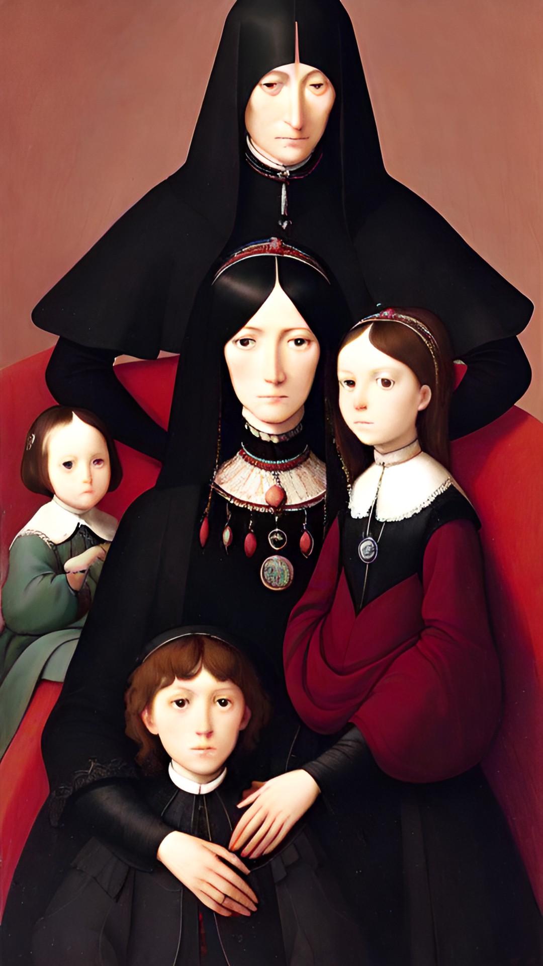 portrait of a tired noblewomanand her children with dark interior background scene, black, tones of red wine and midnight blue with contrasting bright highlights preview