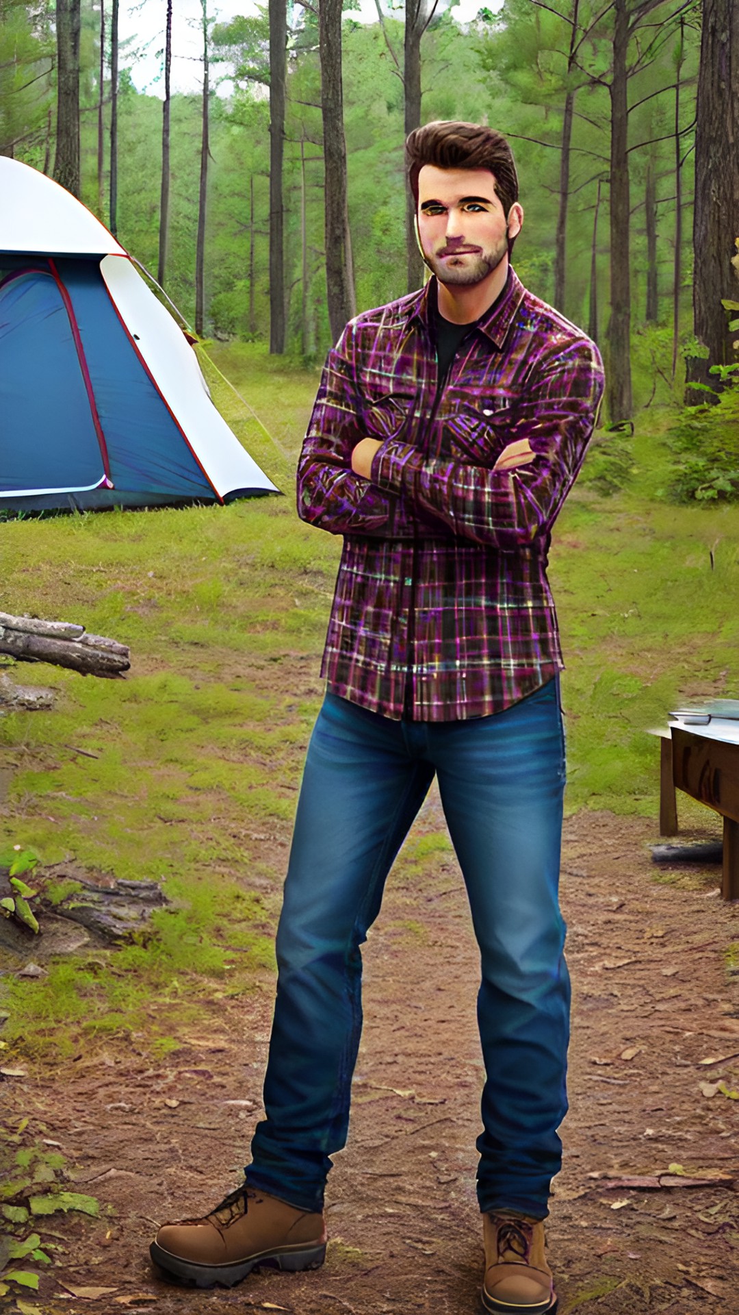 ruggedly handsome man in plaid shirt and jeans backwoods camping preview