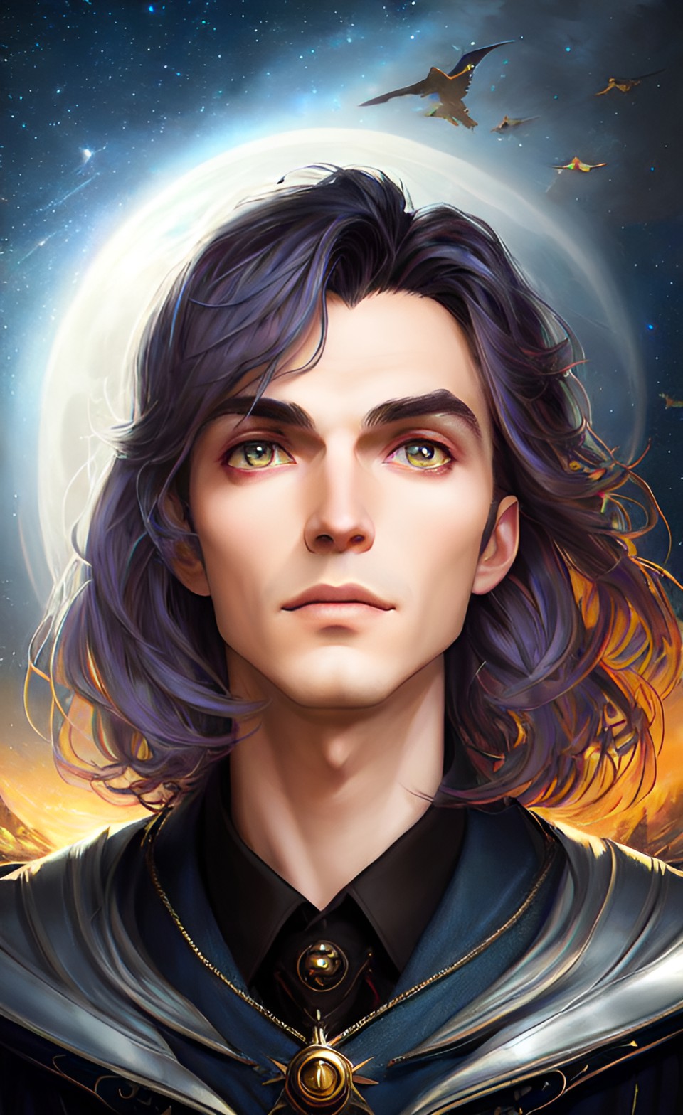 portrait of a light vampire with a dreamy expression like the poet of the silver age. night, stars. style of stefan koidl. super-resolution, intricately-detailed, 4d, 32k, full-hd, artificial lighting preview