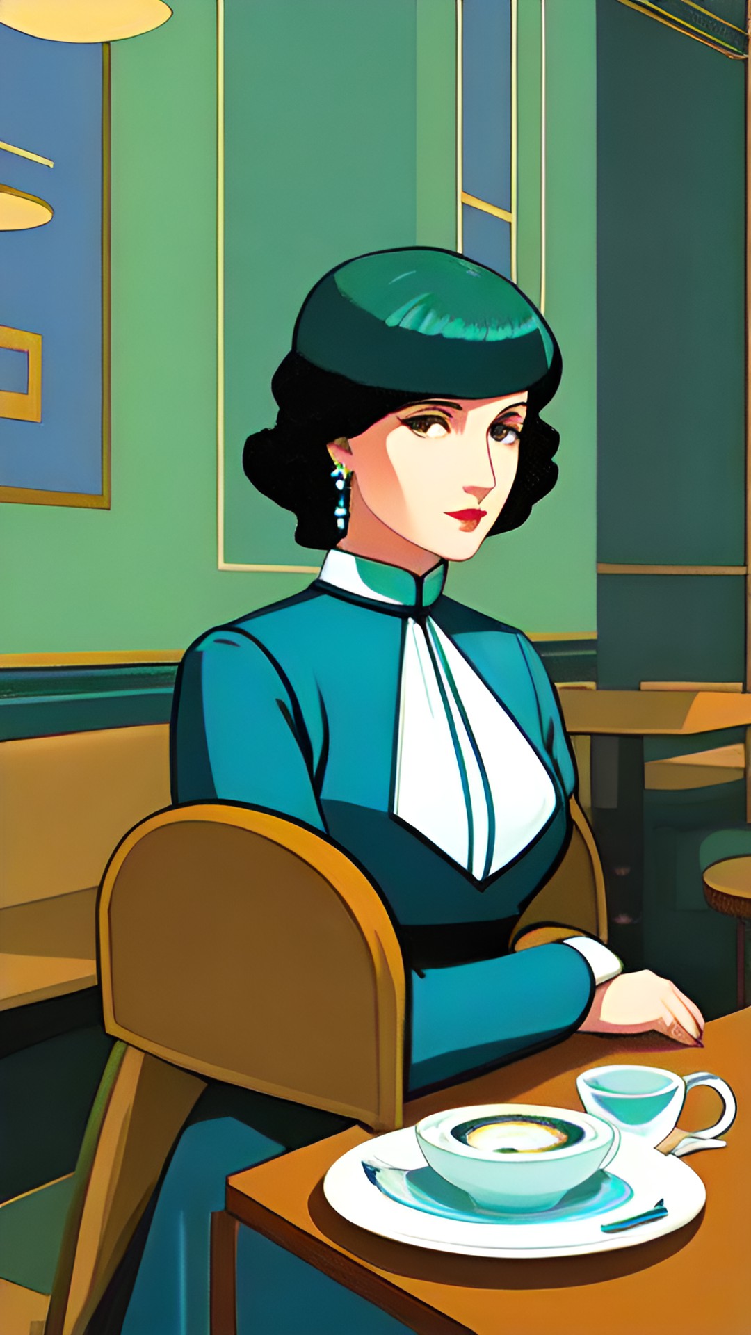 art deco portrait of a woman sitting alone at a table in an upscale coffeehouse. tones of blue, teal,.and green. complementary color accents. preview