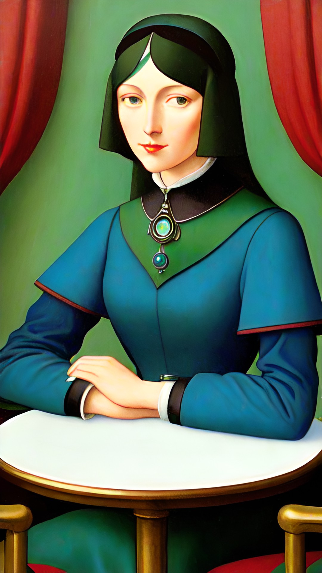 art deco portrait of a woman sitting alone at a table in an upscale coffeehouse. tones of blue, teal,.and green. complementary color accents. preview