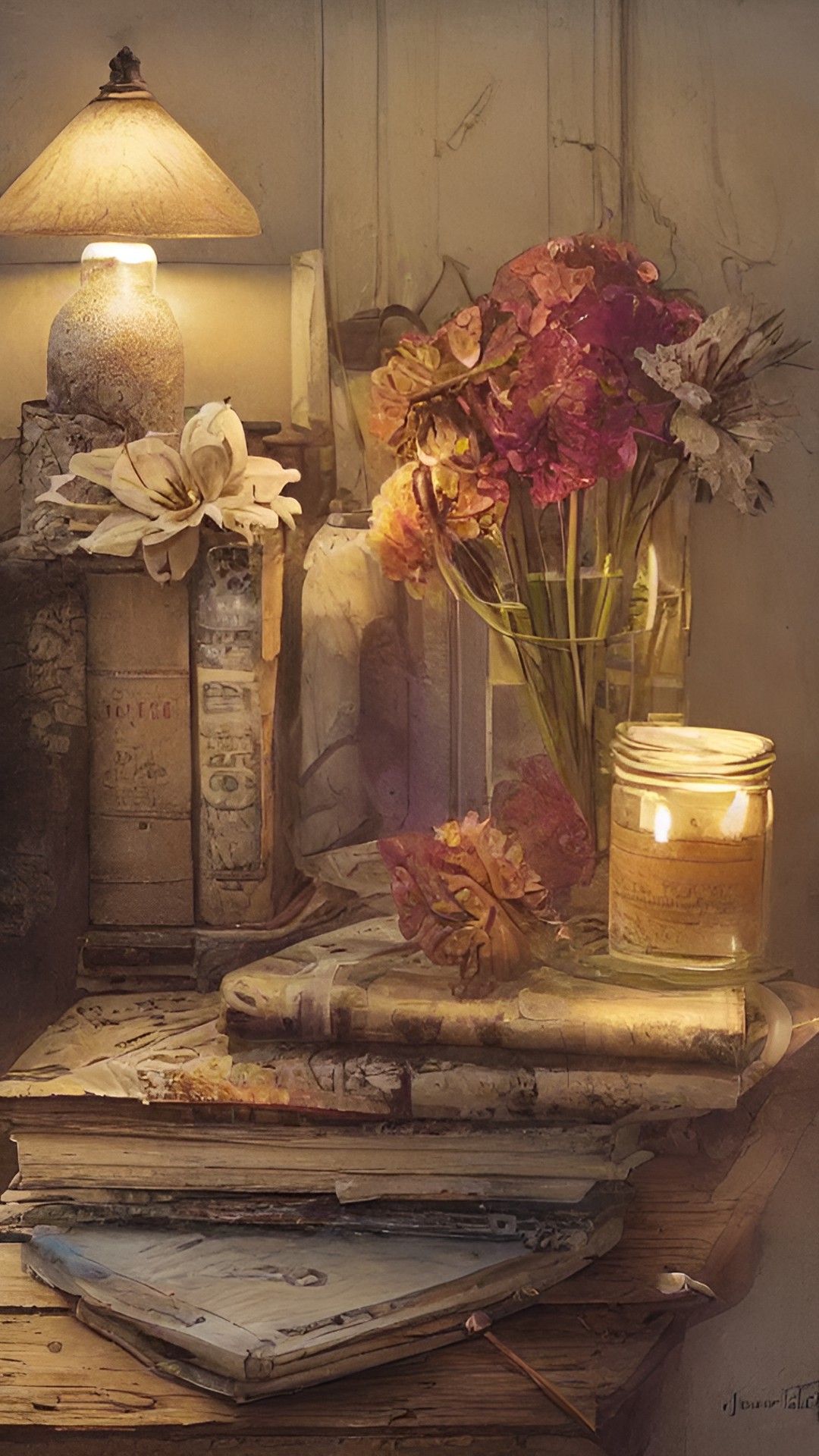 still life on a rustic table. candle. pressed flowers. pen and paper. book. golden hour. sun rays with motes of dust. grandma's house. preview