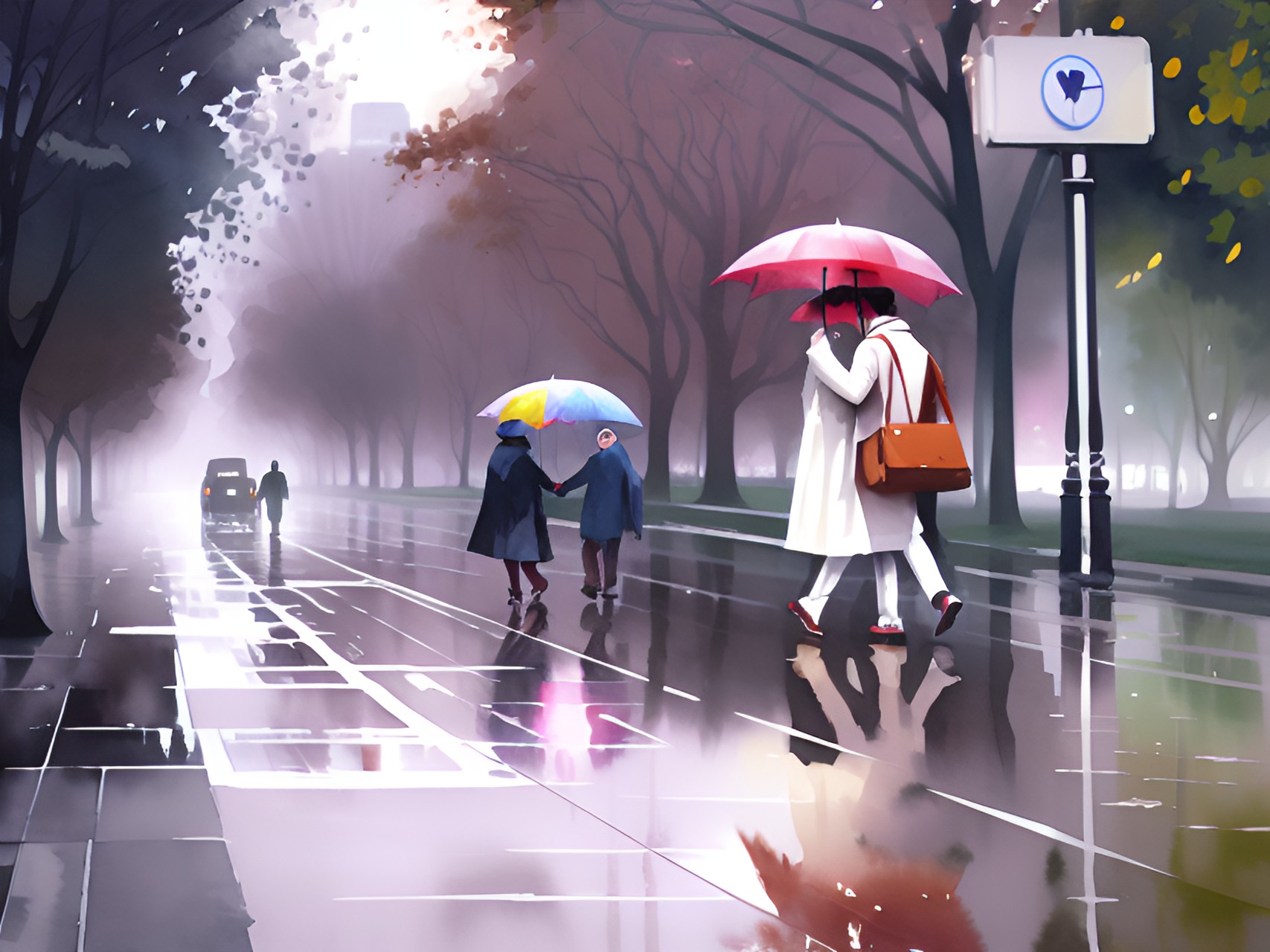 man and woman walking in central park in the rain. preview