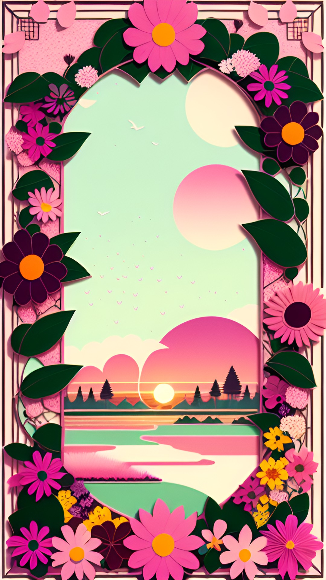 Melded Minds - flower frame with a pink sunset preview