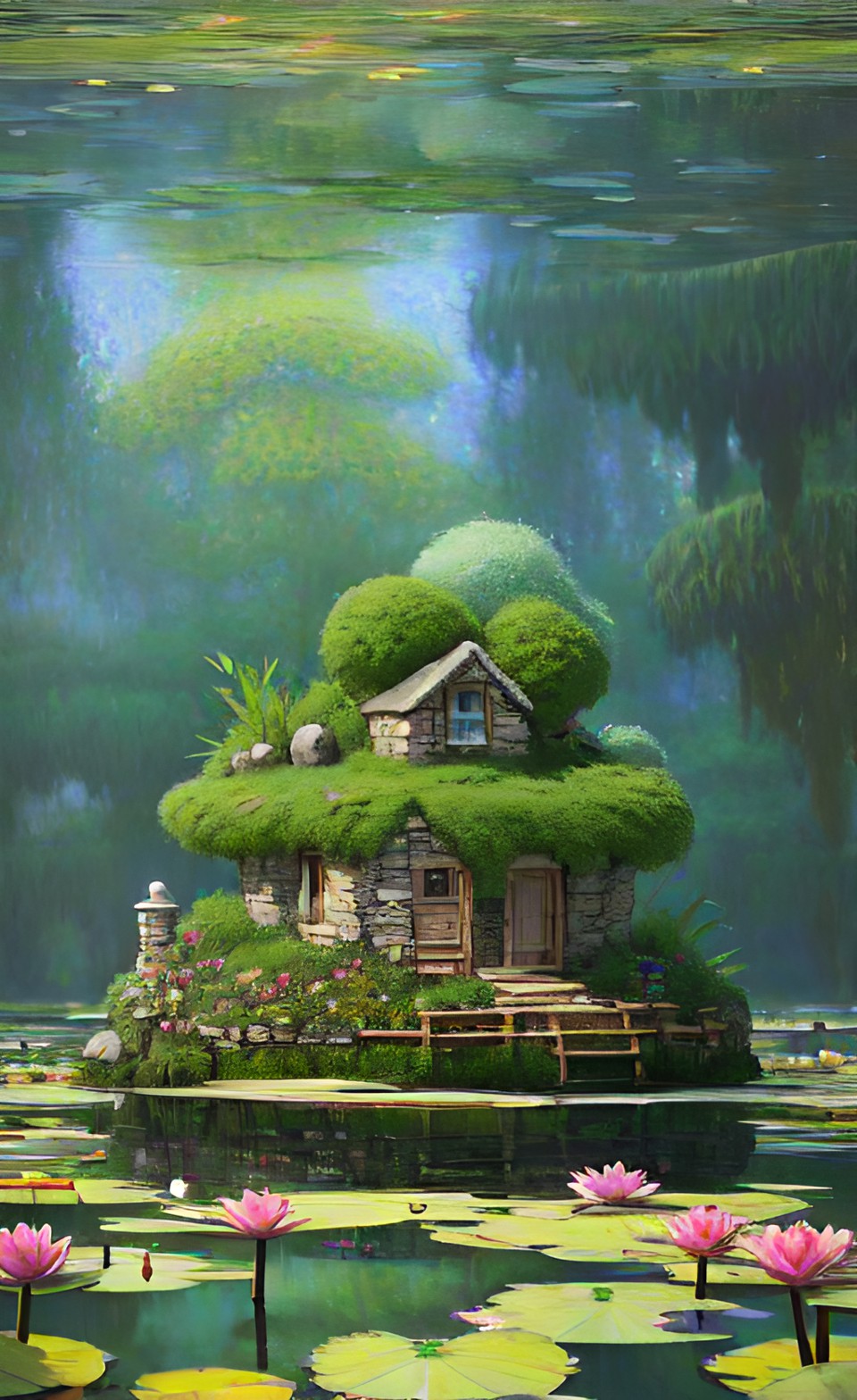 Tiny Lily Pad House - a cozy stone hovel on a small island in the middle of a water lily-covered pond near in the style of monet. warm afternoon sunlight. preview