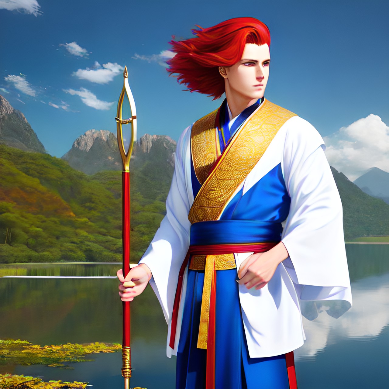 Monk by the lake - 4k extremely detailed wallpaper, portrait, handsome clean shaved male with long red hair wearing blue and white robes holding a golden monk staff by a lake, majestic octane render reflection preview