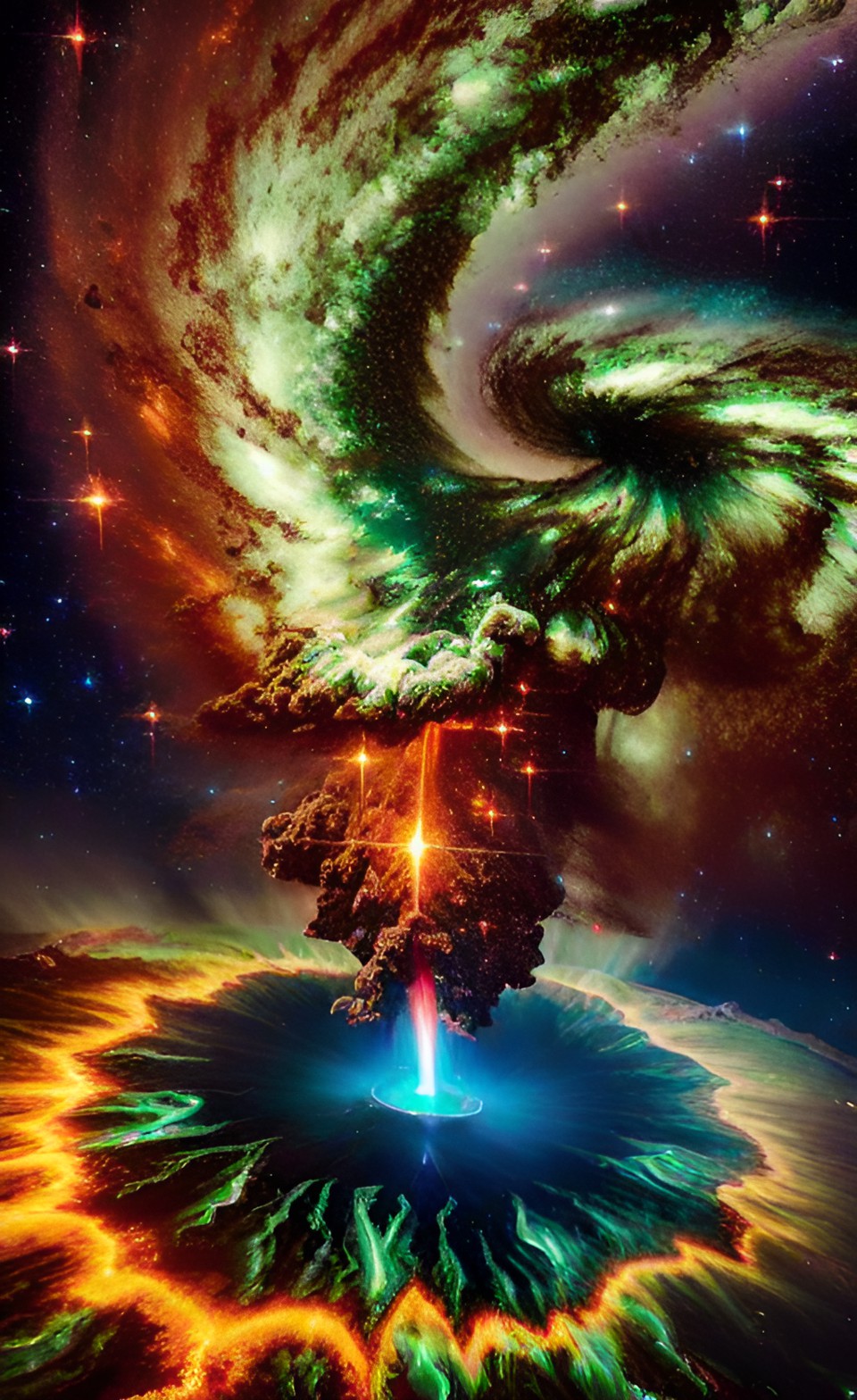 Volcanic, Galaxy, Spiral - a majestic volcanic eruption in the midst of a galaxy, forming a mesmerizing spiral. green lighting, dramatic, flowing magma, sparkling stars, natural preview