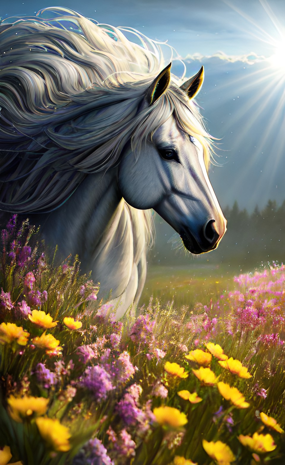 White horse 1 - grey horse with golden mane at the meadow. morning, foggy, sun rays, flowers, sunrise. style of stefan koidl. super-resolution, intricately-detailed, 4d, 32k, full-hd, artificial lighting preview