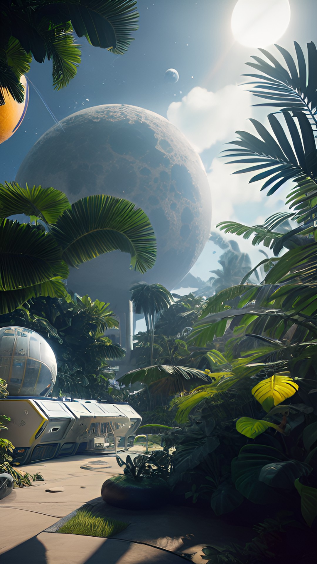 ultra realistic astronaut, space outpost, lush tropical planet, 2 moons preview