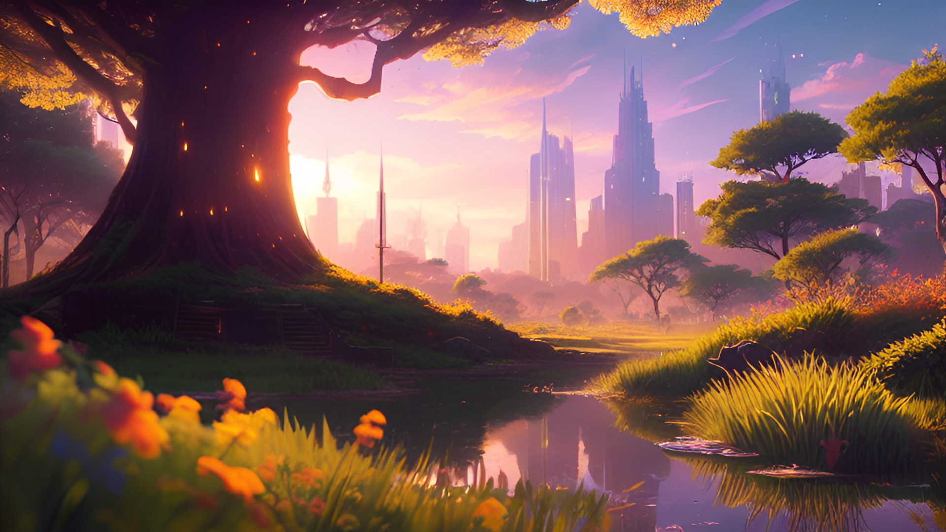 summer sunrise in city near moss forest preview