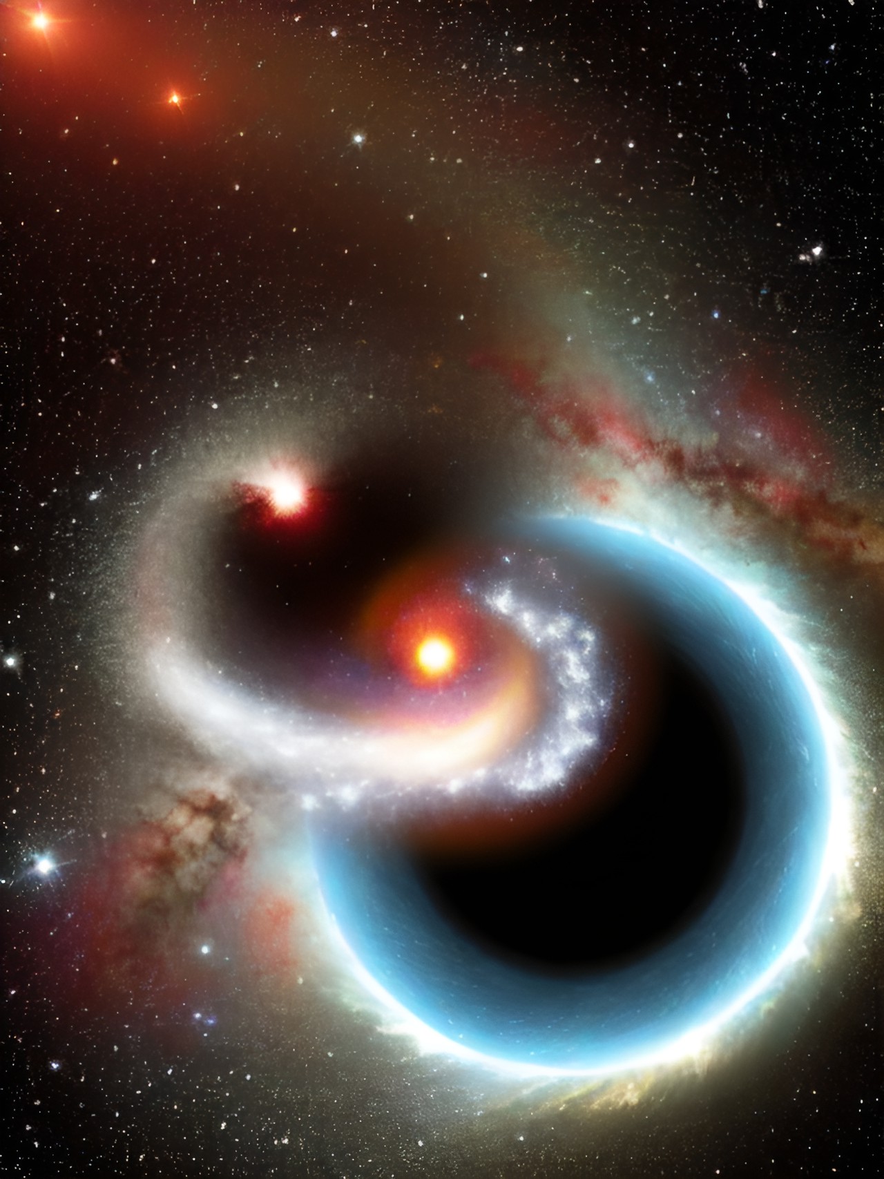 a close up of a black hole devouring a star, growing larger and more powerful, surrounded by a bright ring of light, with swirling gas and dust accreting around it, stars shining in the background. preview