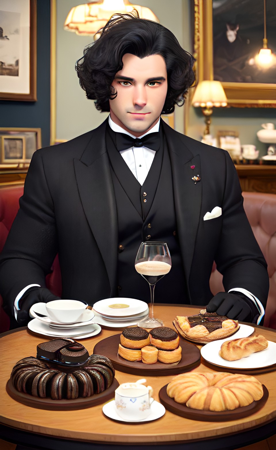 In the cafe - portrait. anthropomorphic black newfoundland-dog like man in an elegant beije suit and gloves in a small antique cafe. on the table in front of him is cocoa and pastries. style of stefan koidl. super-resolution, intricately-detailed, 4d, 32k, full-hd, volumetric lighting preview