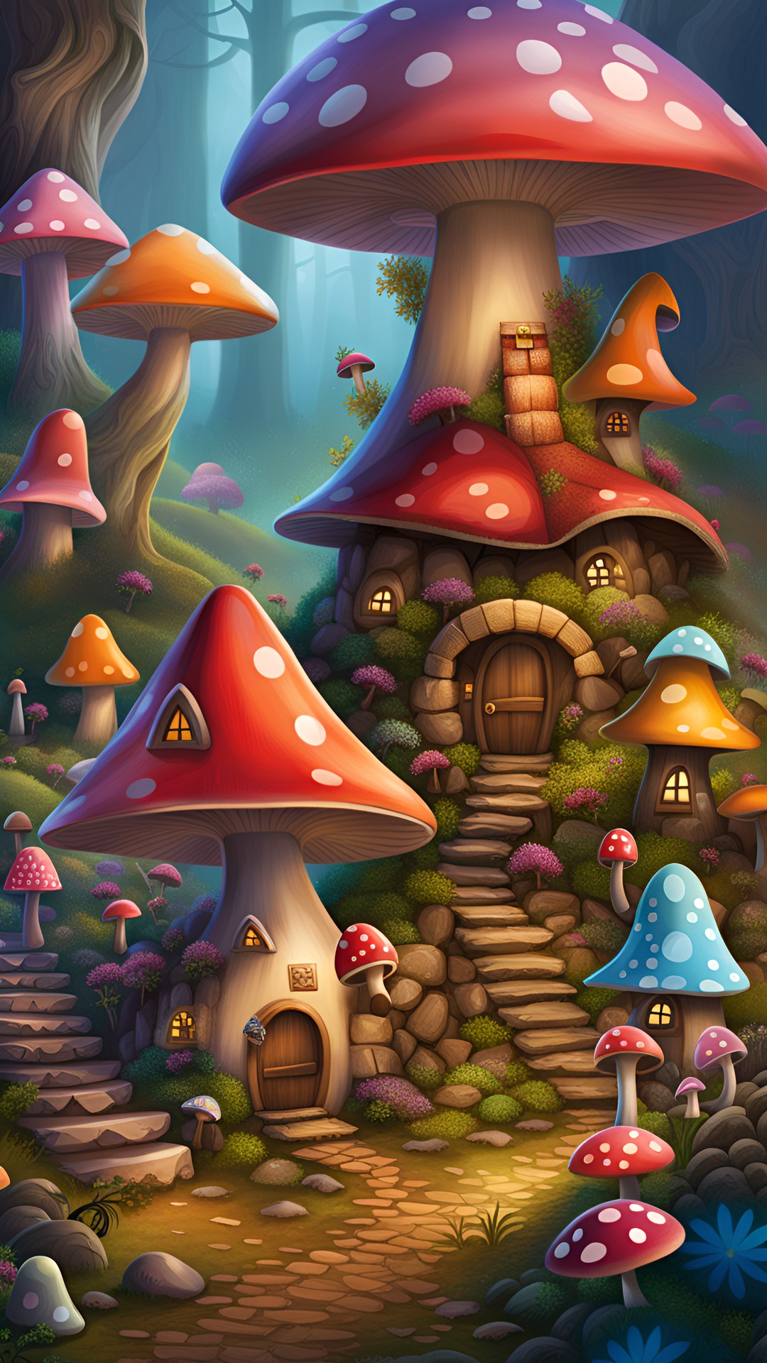 Gnome Sanctuary - a gnome village in the forest, cute, mushrooms, make believe, imagination, magic mushrooms, colorful preview