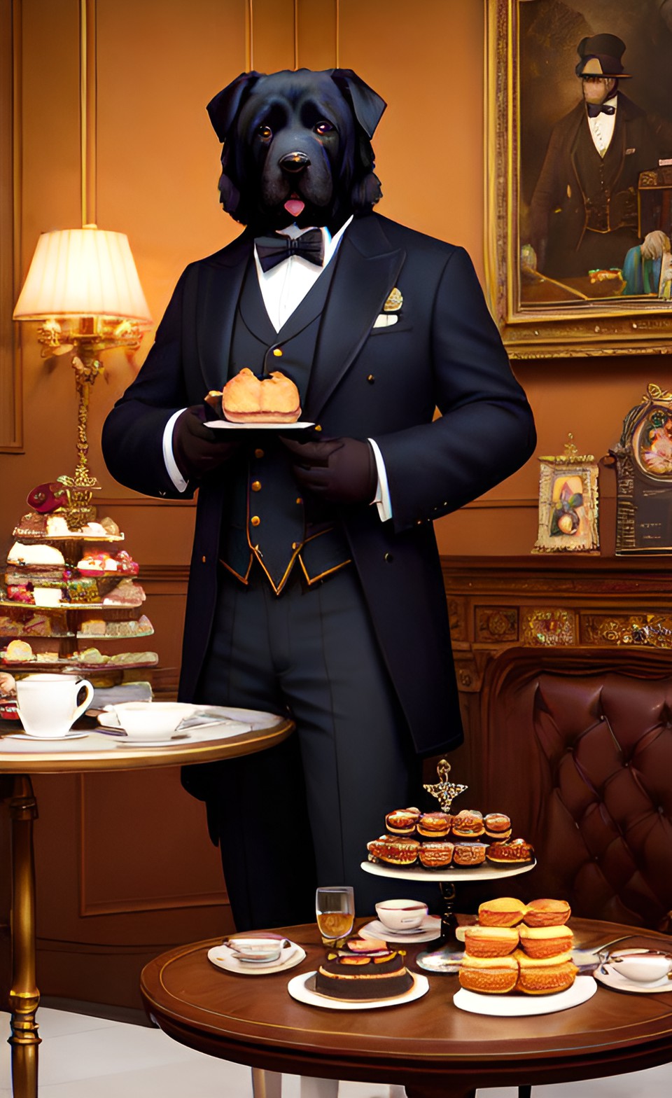 portrait. anthropomorphic black newfoundland-dog like man in an elegant beije suit and gloves in a small antique cafe. on the table in front of him is cocoa and pastries. fantasy. style of stefan koidl. super-resolution, intricately-detailed, 4d, 32k, full-hd, volumetric lighting preview