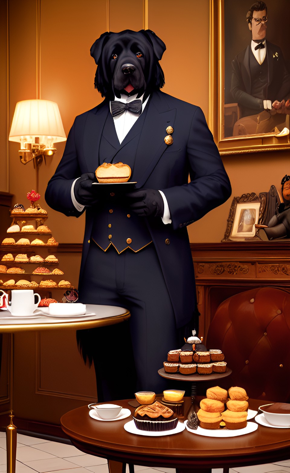 Newfoundland with cale - portrait. anthropomorphic black newfoundland-dog like man in an elegant beije suit and gloves in a small antique cafe. on the table in front of him is cocoa and pastries. fantasy. style of stefan koidl. super-resolution, intricately-detailed, 4d, 32k, full-hd, volumetric lighting preview