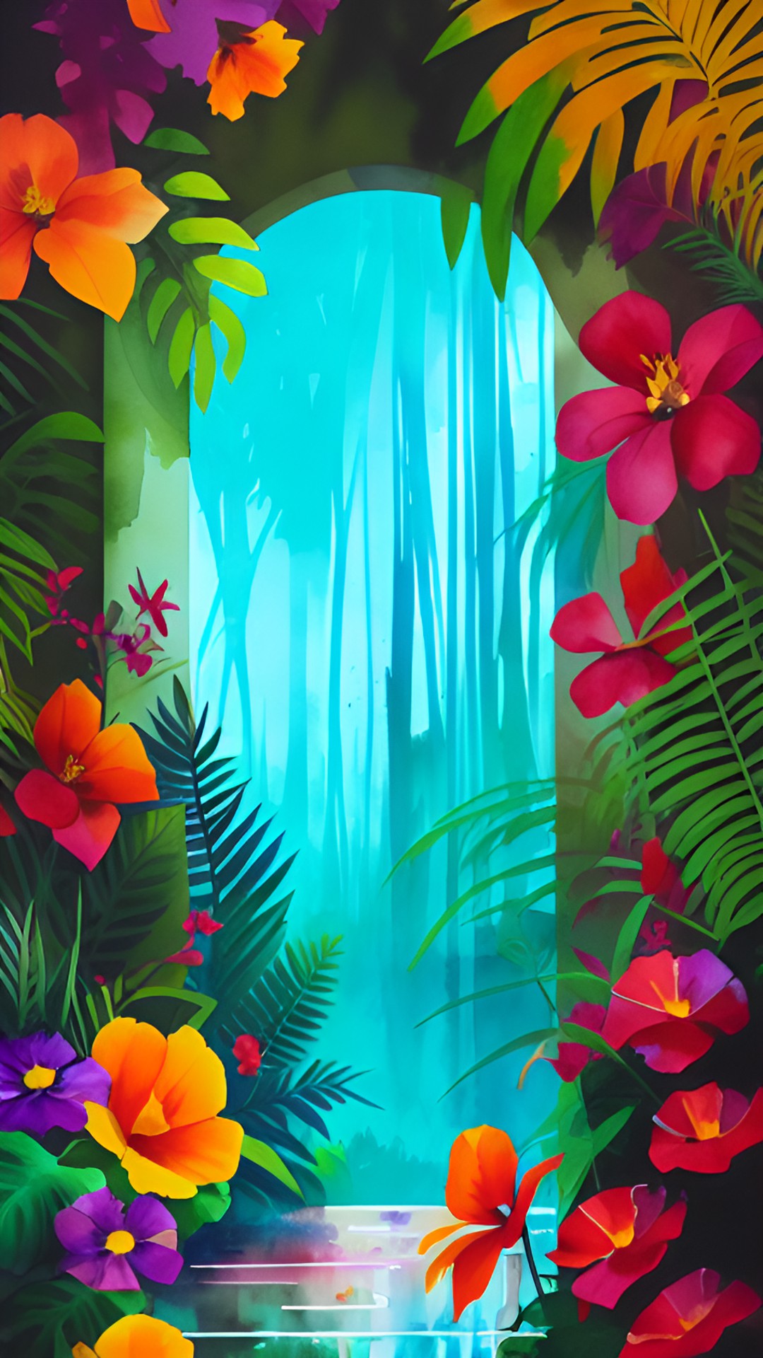 Melded Minds 2 - colorful jungle frame with exotic flowers and leaves with a vantablack apocalyptic sunset inside. preview