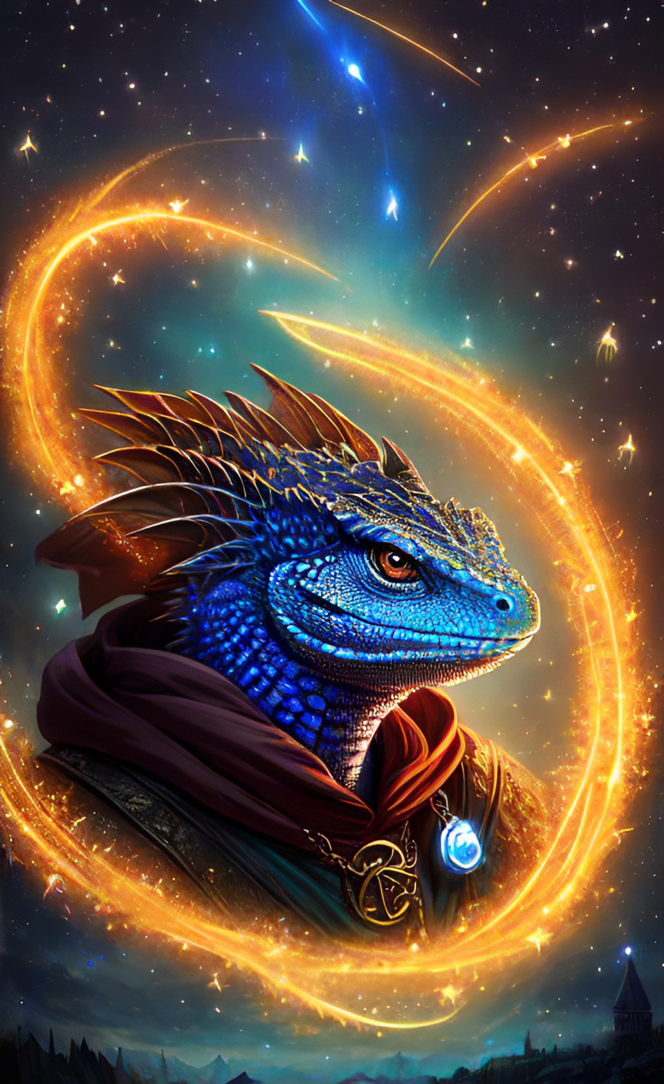 Magical lizardman - portrait of graceful anthropomorphic lizard wearing runes cloak working jewellery merchant. night, stars, swamps, fireflies. fantasy. super-resolution, intricately-detailed, 4d, 32k, full-hd, artificial lighting preview