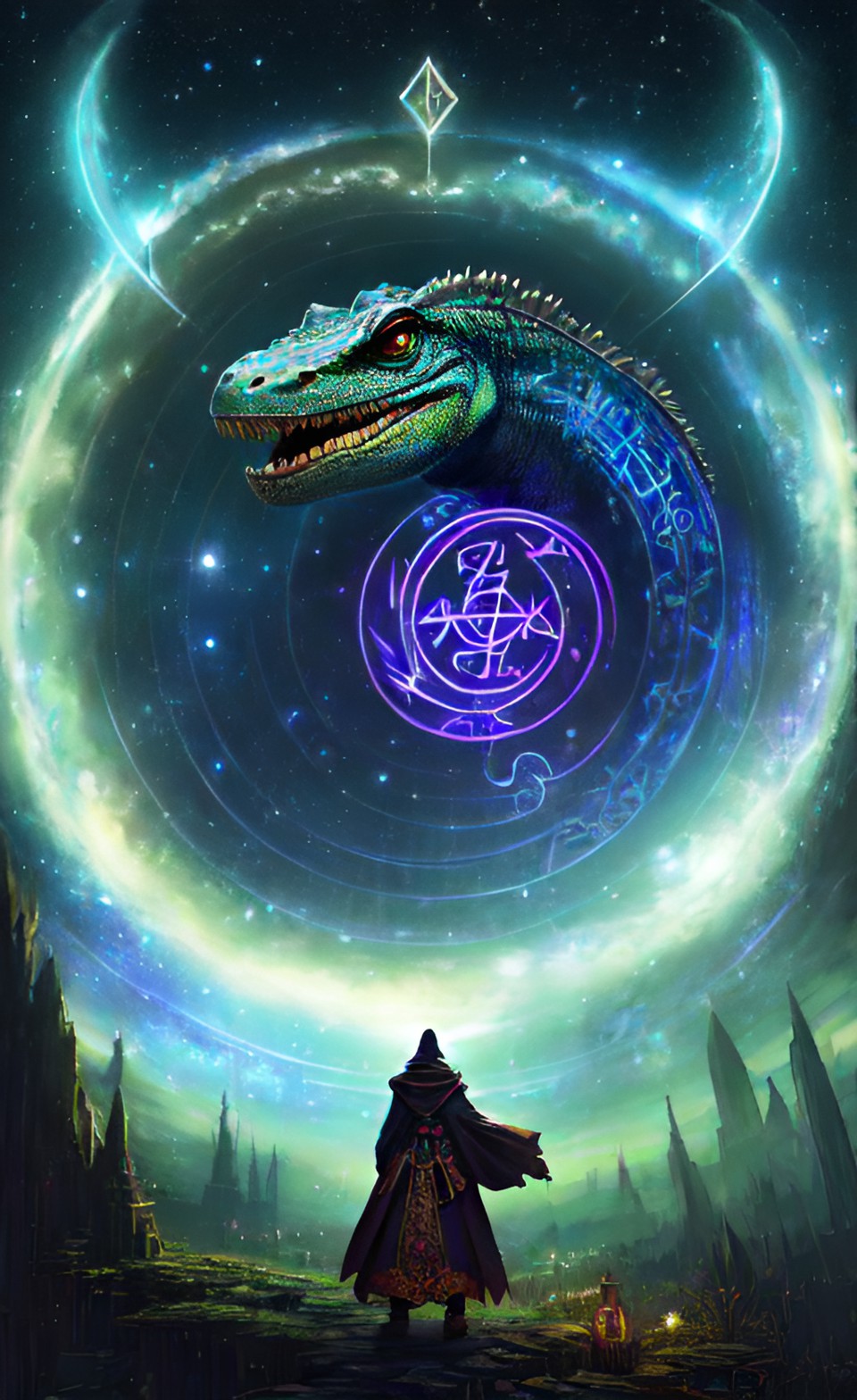 Summoning great lizard - portrait of graceful anthropomorphic lizard wearing runes cloak like jewellery merchant. night, stars, swamps, fireflies. fantasy. super-resolution, intricately-detailed, 4d, 32k, full-hd, artificial lighting preview