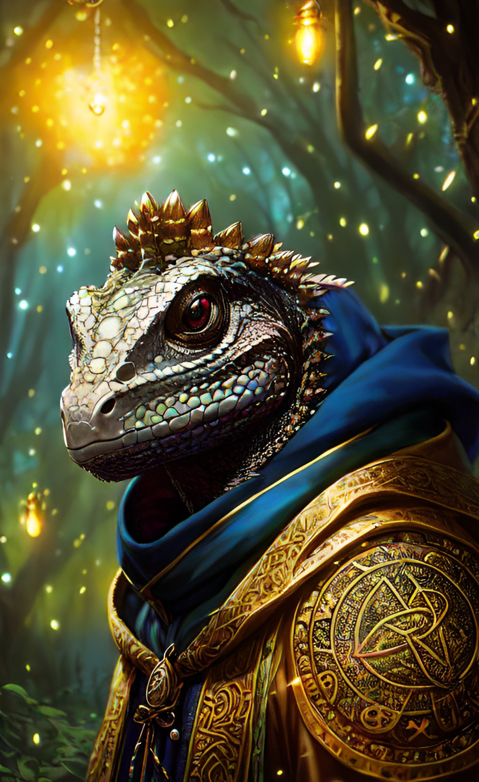 Lizardman 2 - portrait of graceful anthropomorphic lizard wearing runes cloak like jewellery merchant. night, stars, swamps, fireflies. fantasy. super-resolution, intricately-detailed, 4d, 32k, full-hd, artificial lighting preview