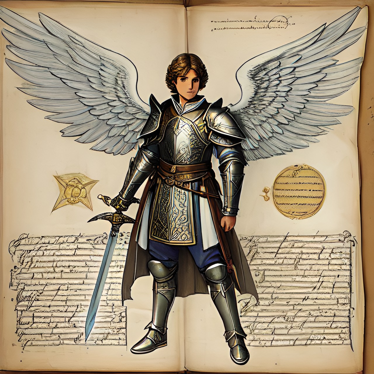 Angel Parchment - detailed parchment sketch of male angel holding a glowing sword, with armor and powers with diagrams, moves, and descriptions. preview