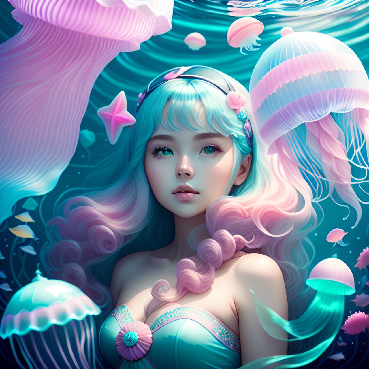 merwoman , pastel colors, dark background, light blue and pink, jellyfish in background 🌊🪼 preview