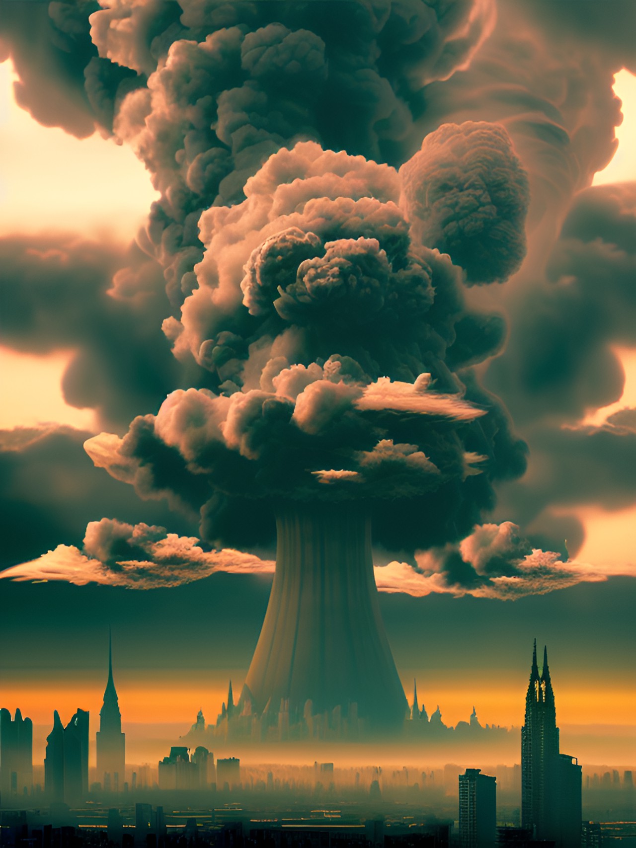 infrared radiation atomic bomb mushroom cloud over a cityscape. the sky is dark and filled with smoke. the buildings are destroyed, 3d max preview