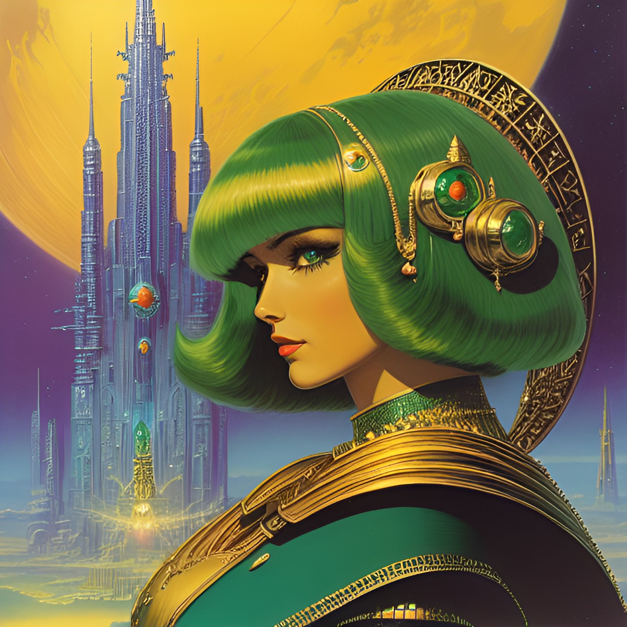 machanical space queen woman gold hair emeralds preview