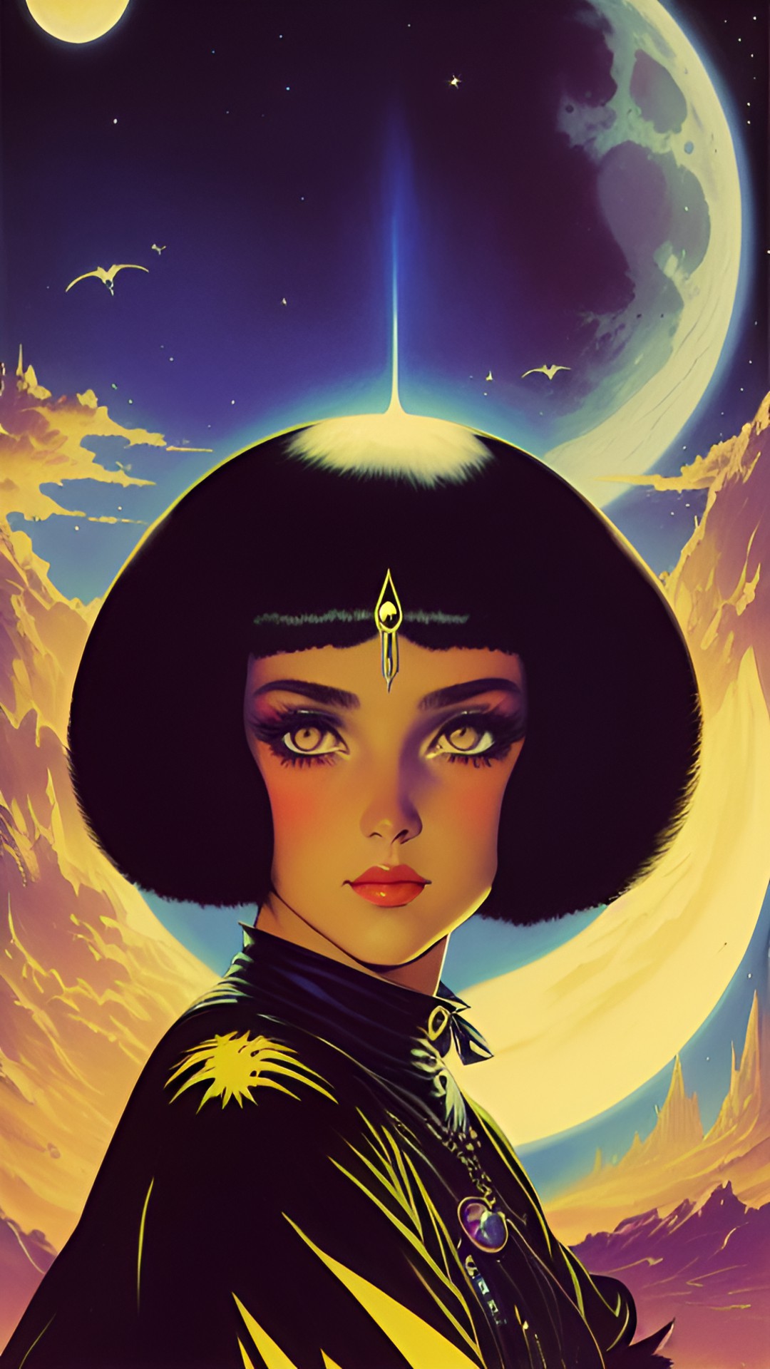 night moon woman sprinkling stars yellow eyes white skin preview