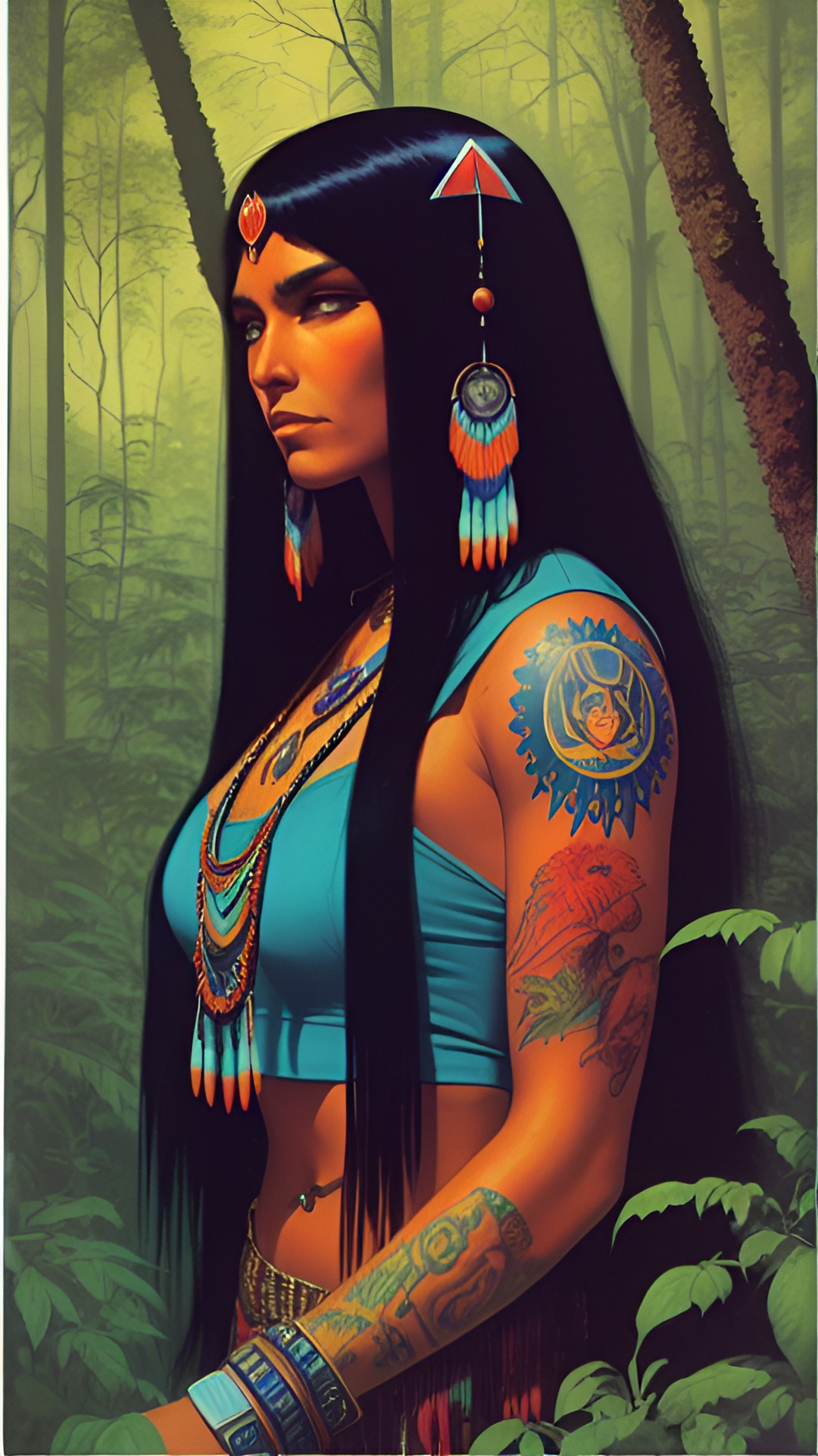 native american woman long breaded hair high cheek bones with tattoos in forest preview