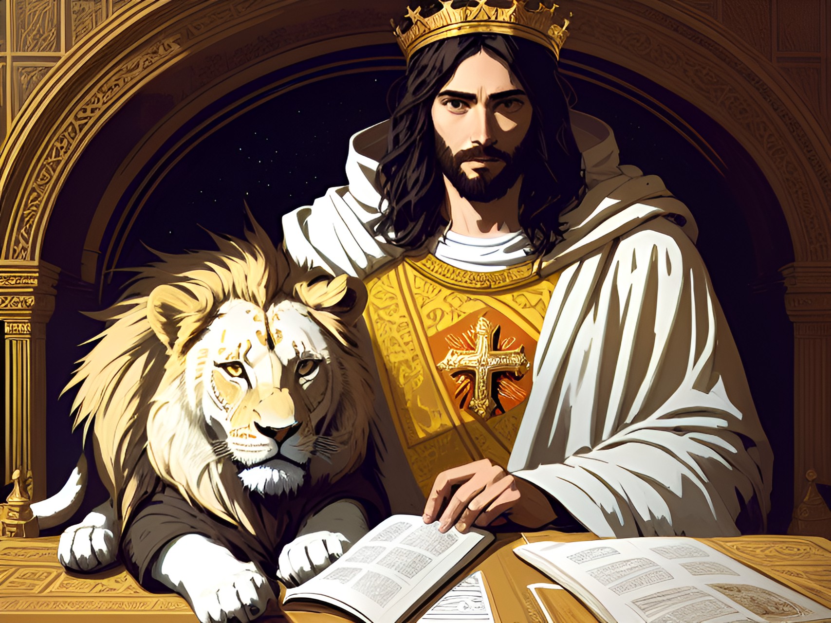 jesus as king with a lion, self portrait, highly detailed, fantasy art preview