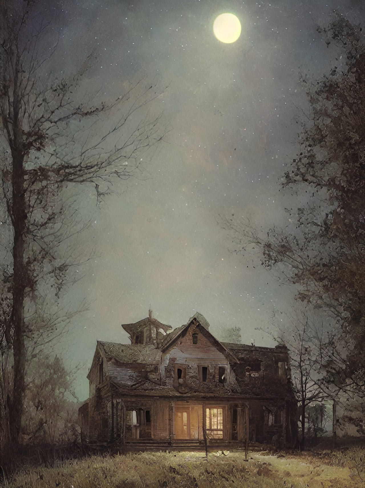 abandoned farmhouse on a deserted rural road, illuminated by moonlight preview