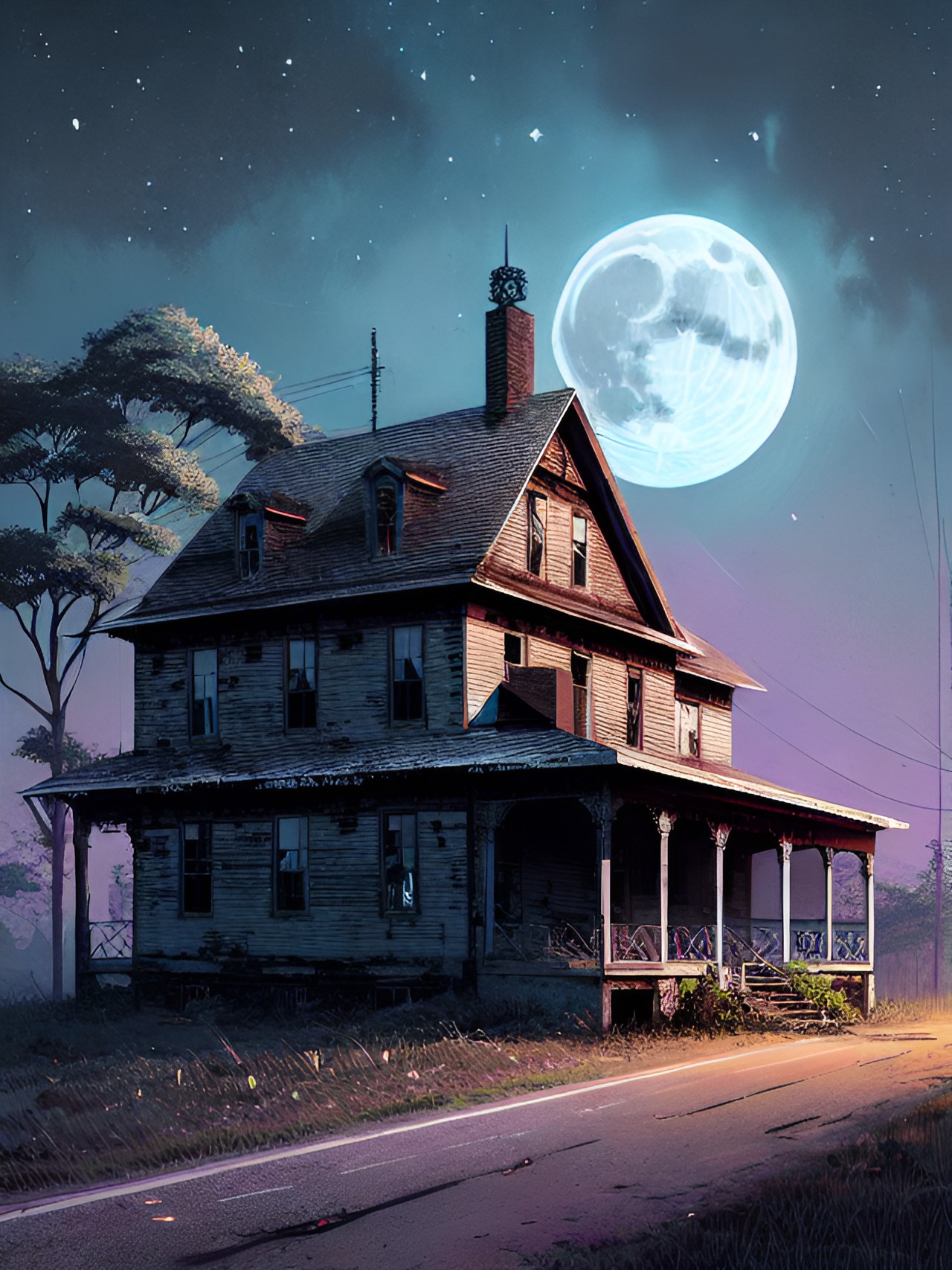 abandoned farmhouse on a deserted rural road by moonlight preview