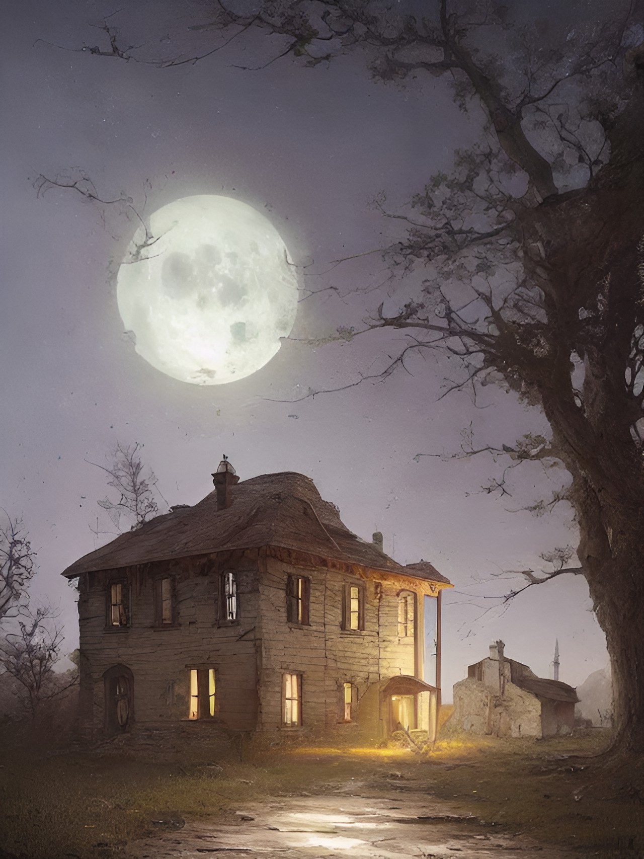 abandoned farmhouse on a deserted rural road by moonlight preview