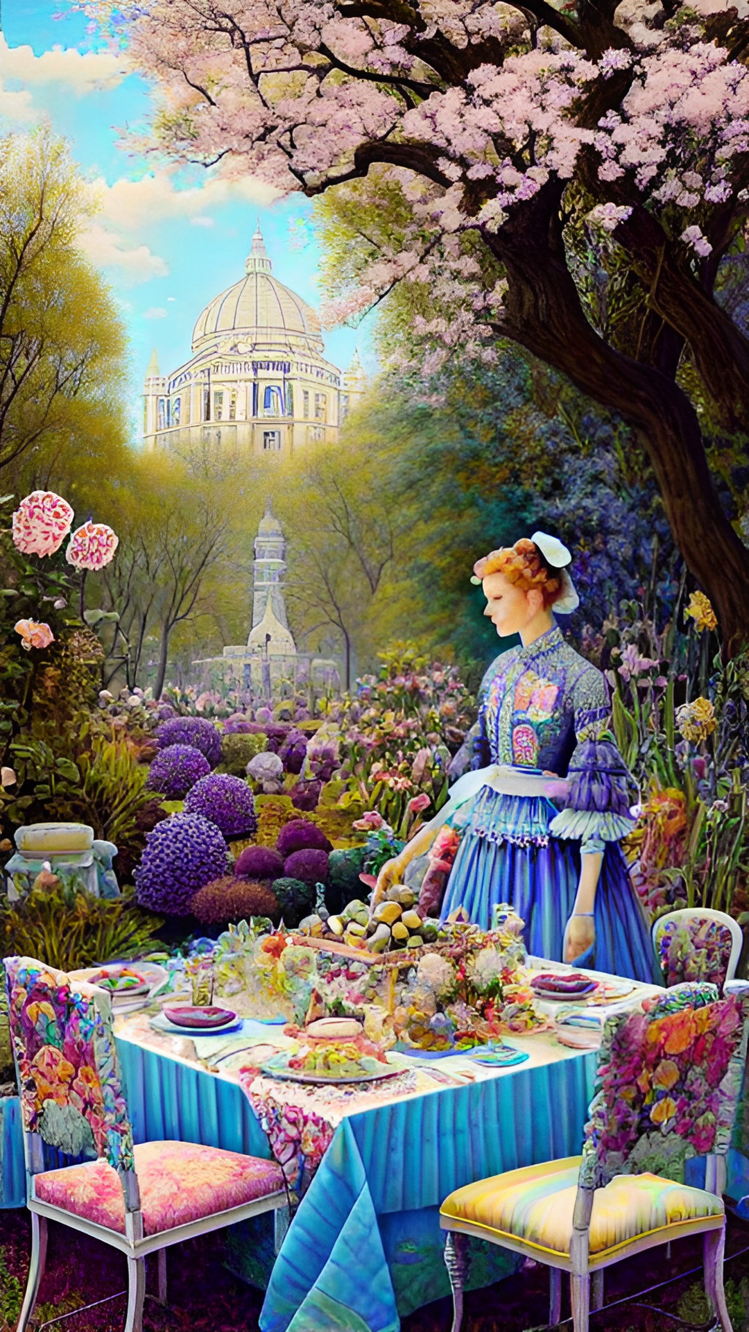 picnic in an extraordinary garden on warm spring day in the foreground. in the distant background sits a pale palace preview