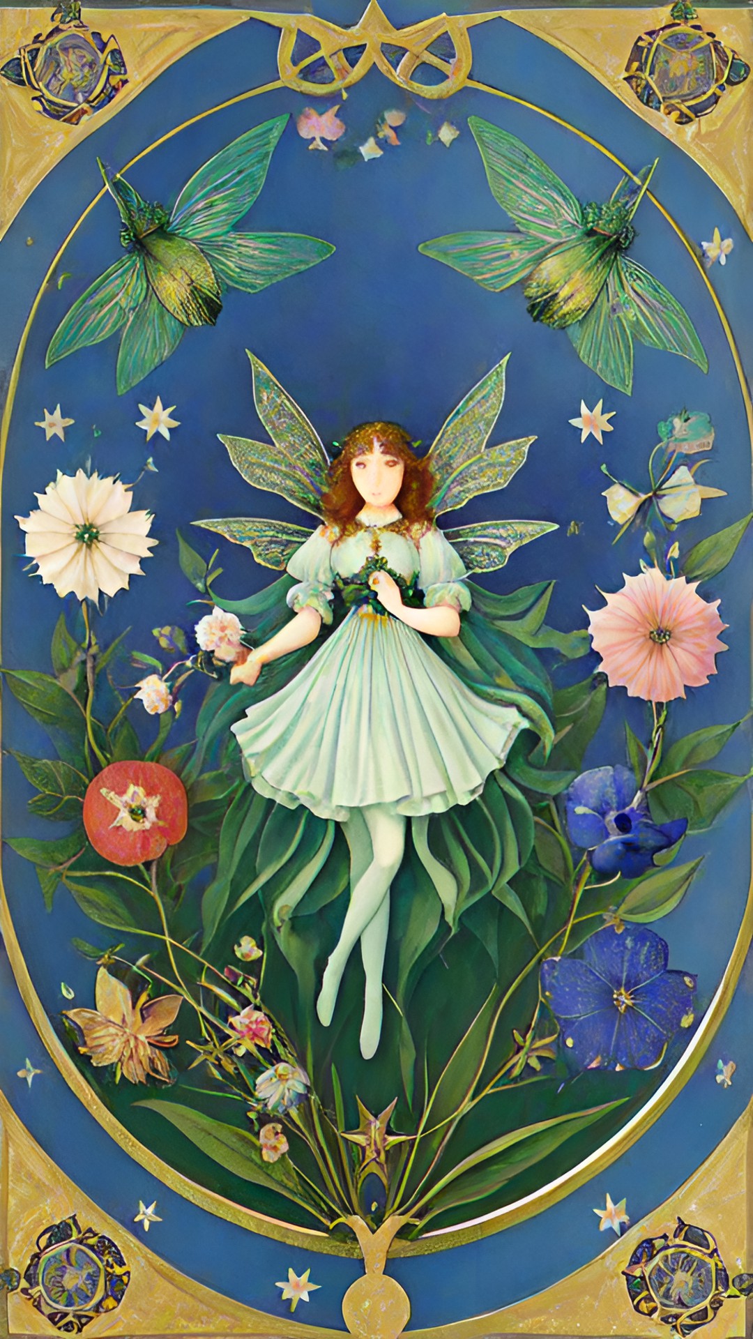 art nouveau flower fairy, stars and flowers. tones of blue, green, and gold. high quality print on cotton paper. preview