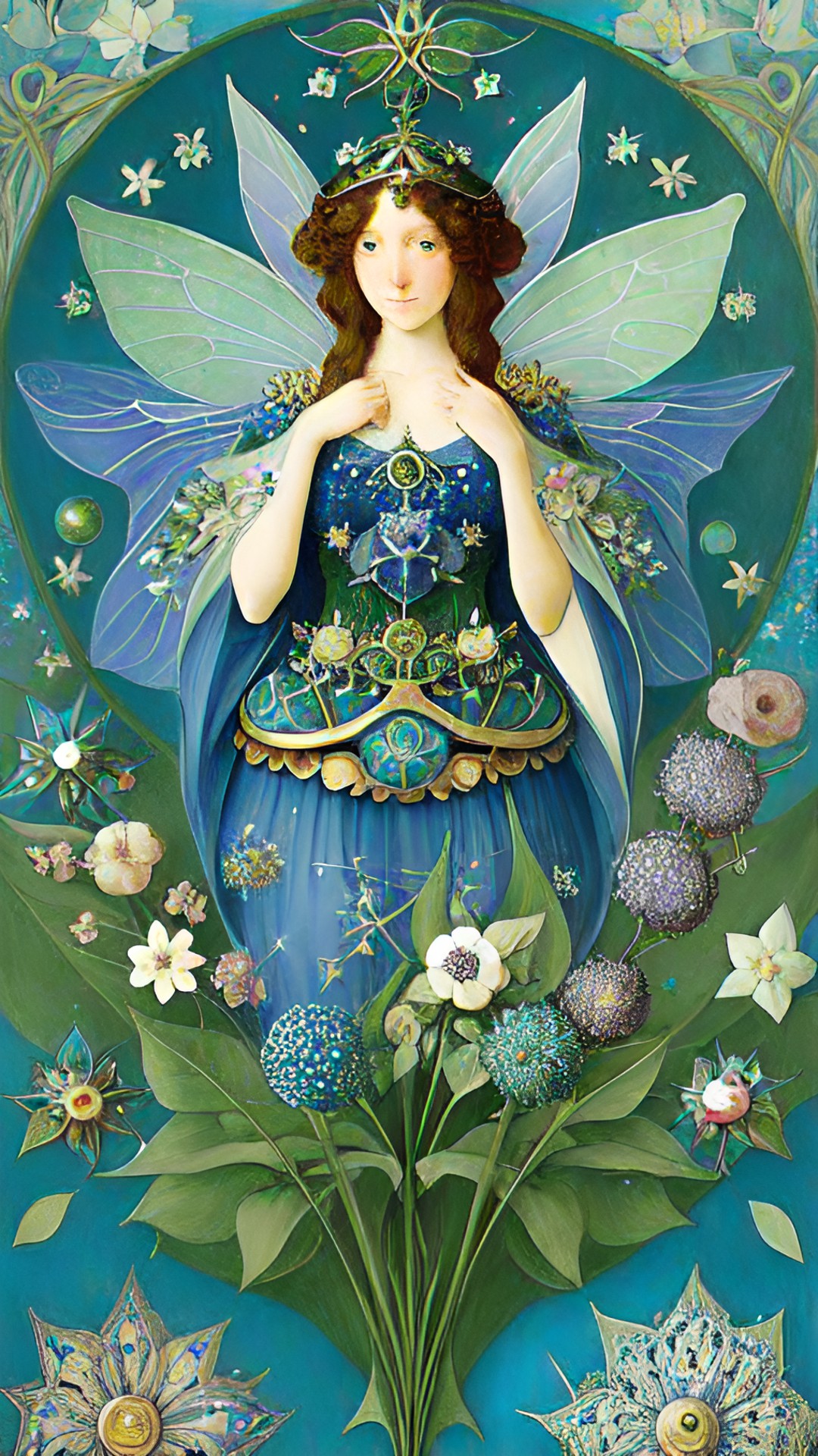 art nouveau flower fairy, stars and flowers. tones of blue, green, and metallic gold. preview